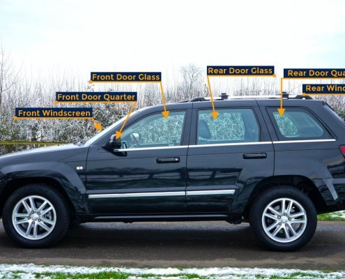 Diagram showing the names of the glass panels on an SUV